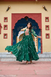 Gorgeous Green Georgette Kutchi Patchework Gown